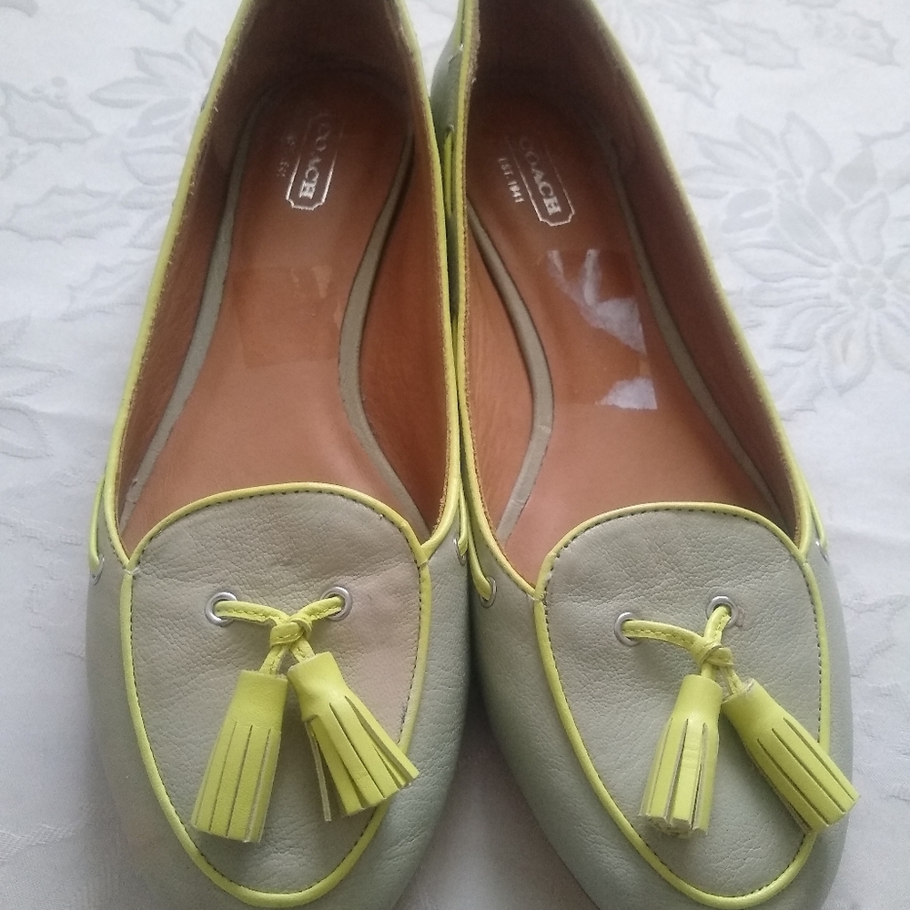 Coach Pale Green Loafers with Yellow Tassel Trim